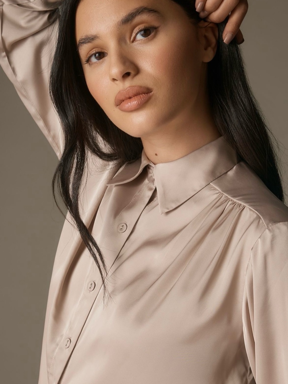 Anthropologie Satin Pleated-Shoulder Blouse — Beige